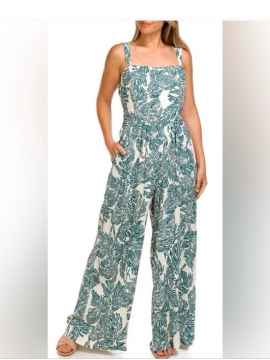 Luxology Pants - Luxology Cream Jumpsuit with Green Tropical Leaf Print